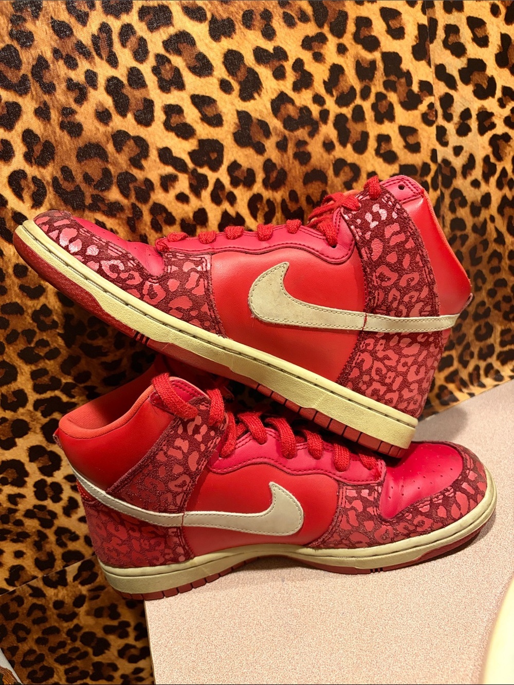 Nike Women’s Red and Cream High-Top Sneakers with Leopard Accent Vtg Rare size 7
